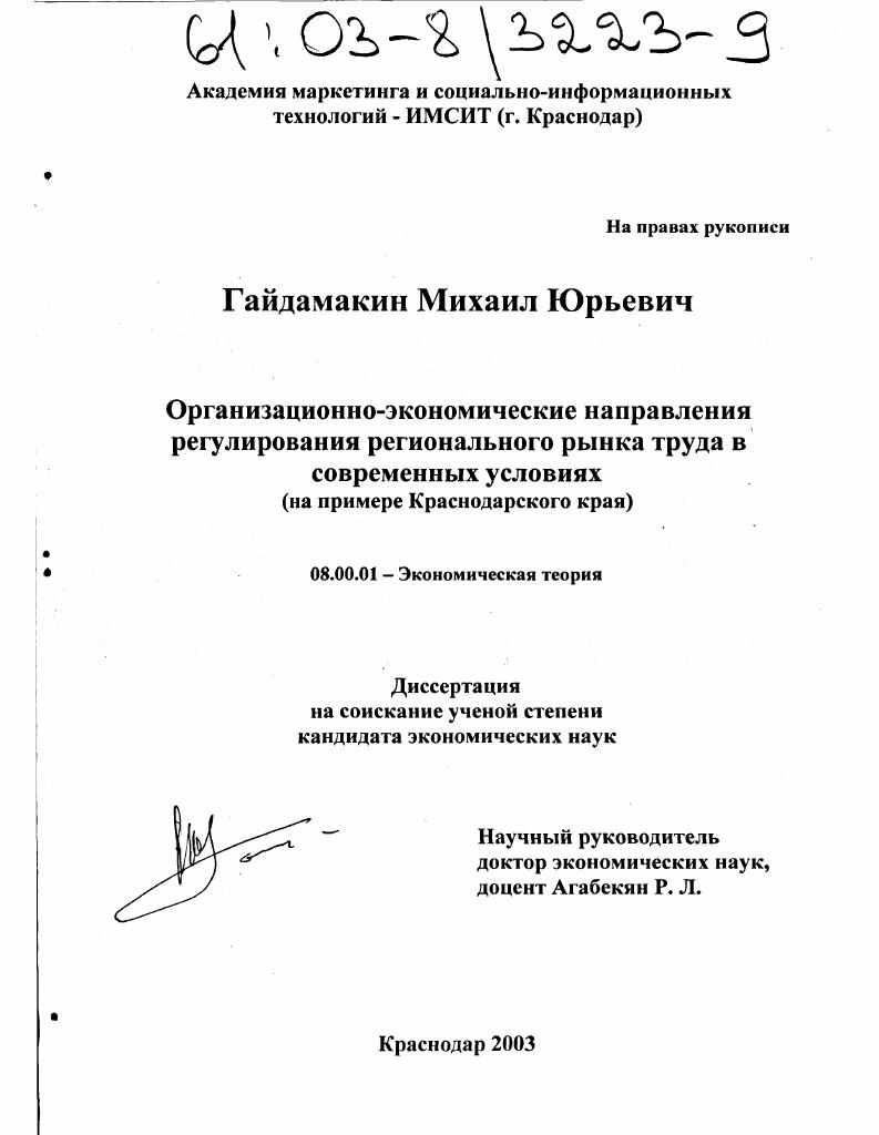 Организационно-экономические направления регулирования регионального рынка труда в современных условиях : На примере Краснодарского края