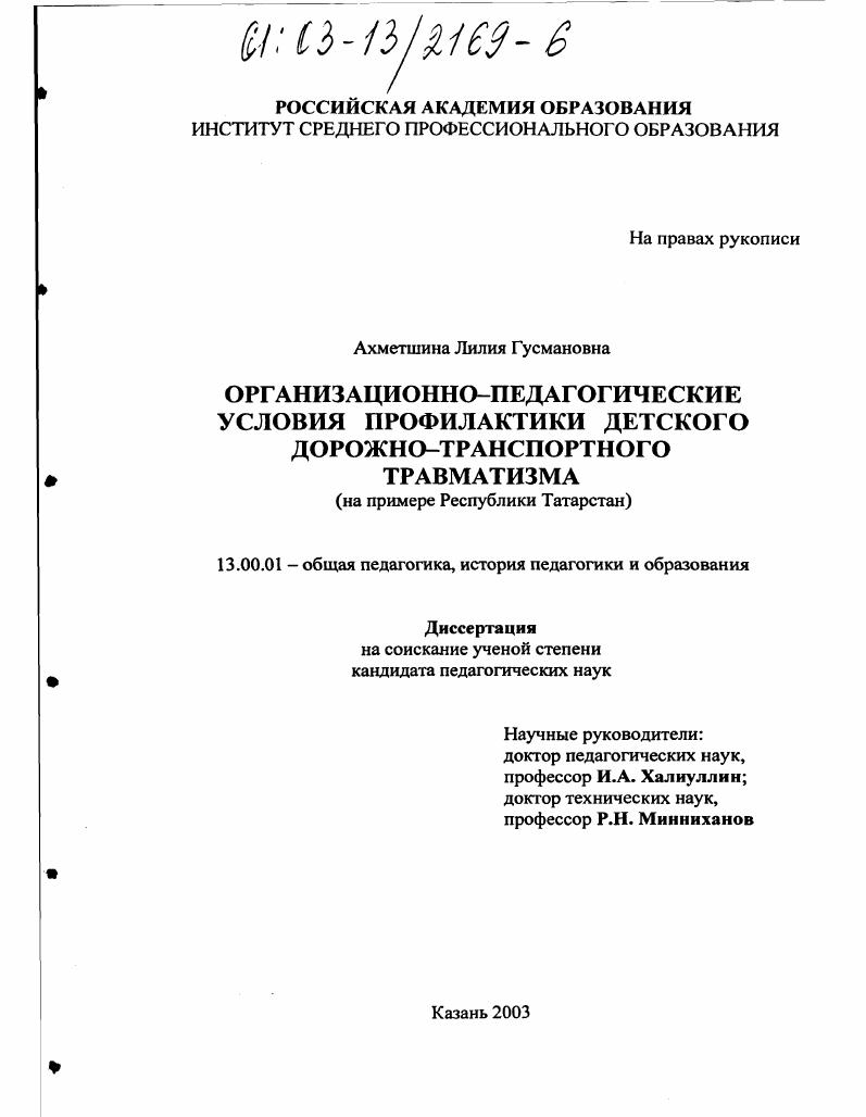 Организационно-педагогические условия профилактики детского дорожно-транспортного травматизма : На примере Республики Татарстан