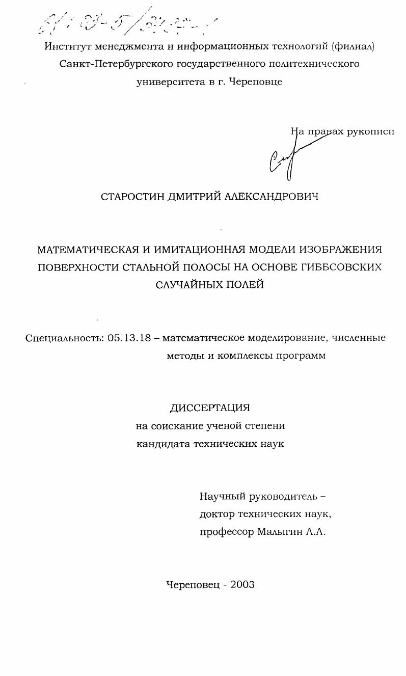 Математическая и имитационная модели изображения поверхности стальной полосы на основе гиббсовских случайных полей