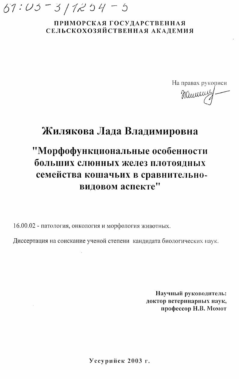 Морфофункциональные особенности больших слюнных желез плотоядных семейства кошачьих в сравнительно-видовом аспекте