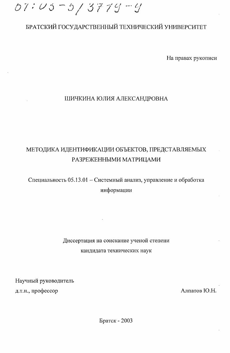 Методика идентификации объектов, представляемых разреженными матрицами