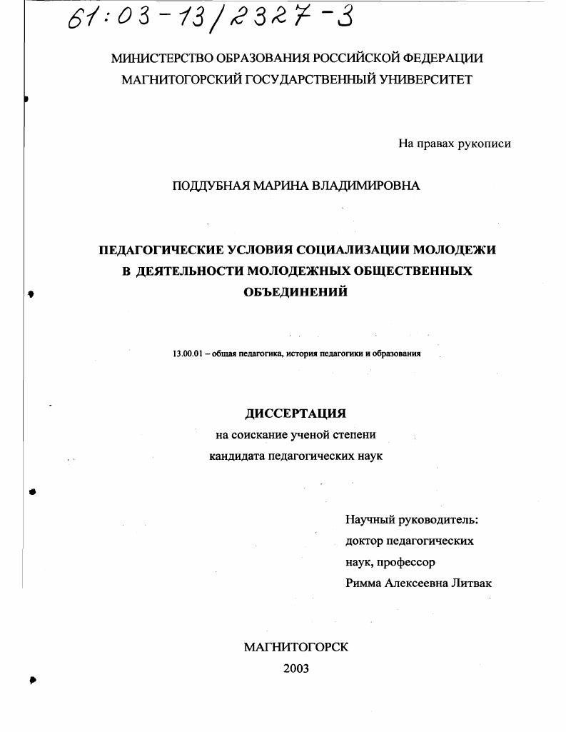 Педагогические условия социализации молодежи в деятельности молодежных общественных объединений