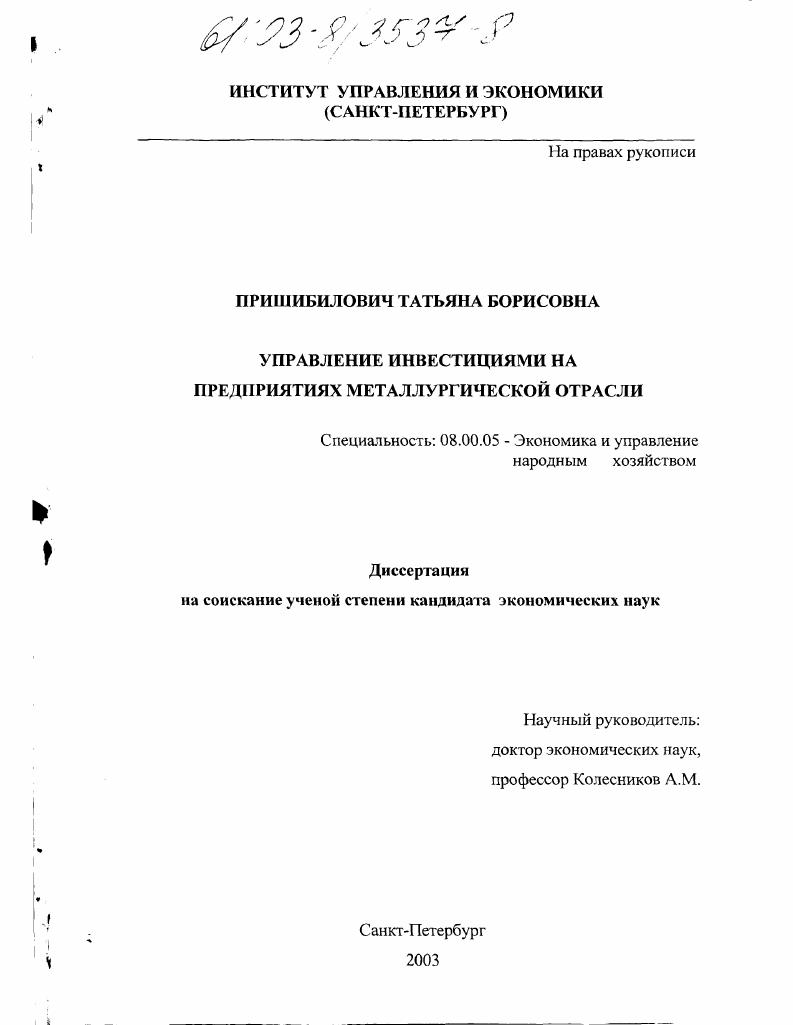 скачать диссертацию Управление инвестициями на предприятиях металлургической отрасли Управление инвестициями на предприятиях металлургической отрасли