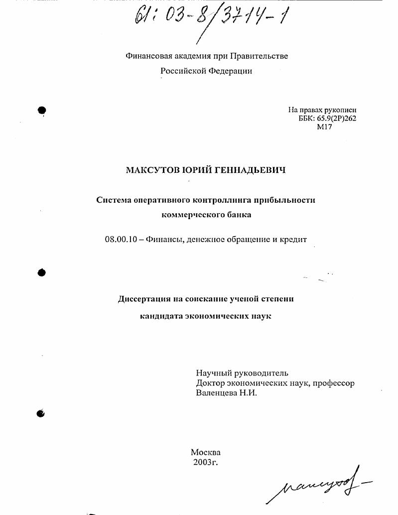 Система оперативного контроллинга прибыльности коммерческого банка