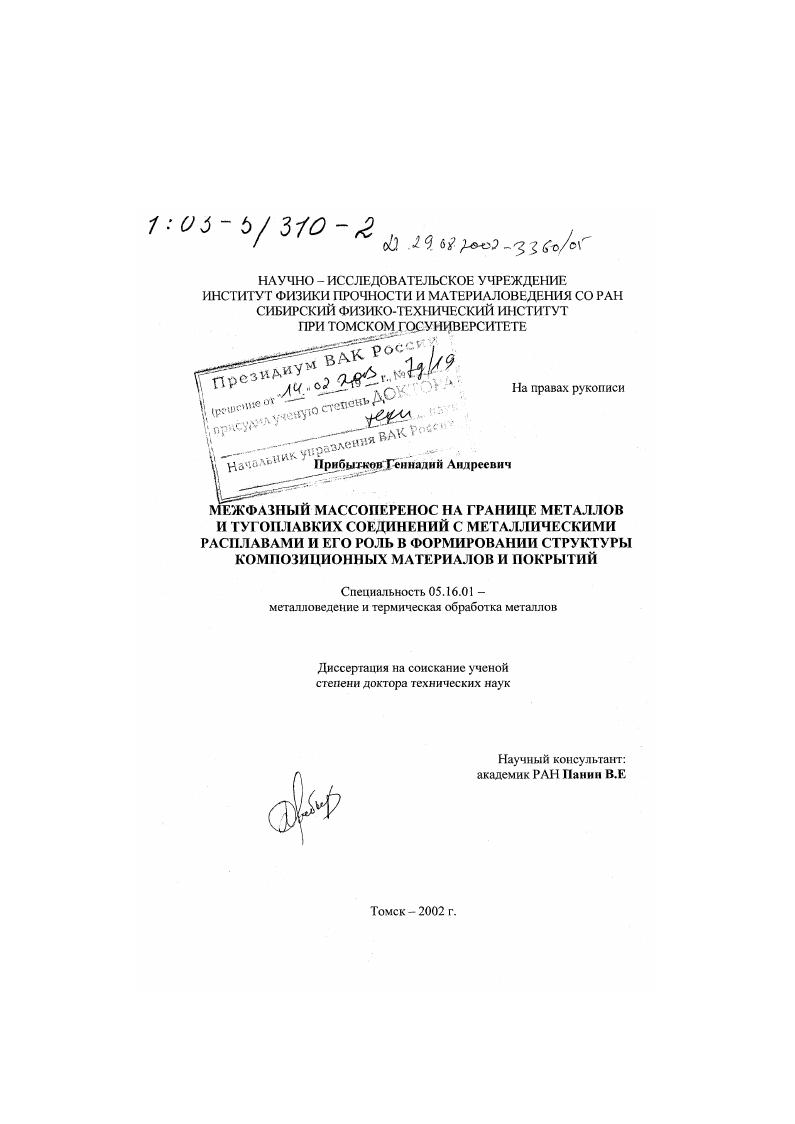 скачать диссертацию Межфазный массоперенос на границе металлов и тугоплавких соединений с металлическими расплавами и его роль в формировании структуры композиционных материалов и покрытий Межфазный массоперенос на границе металлов и тугоплавких соединений с металлическими расплавами и его роль в формировании структуры композиционных материалов и покрытий