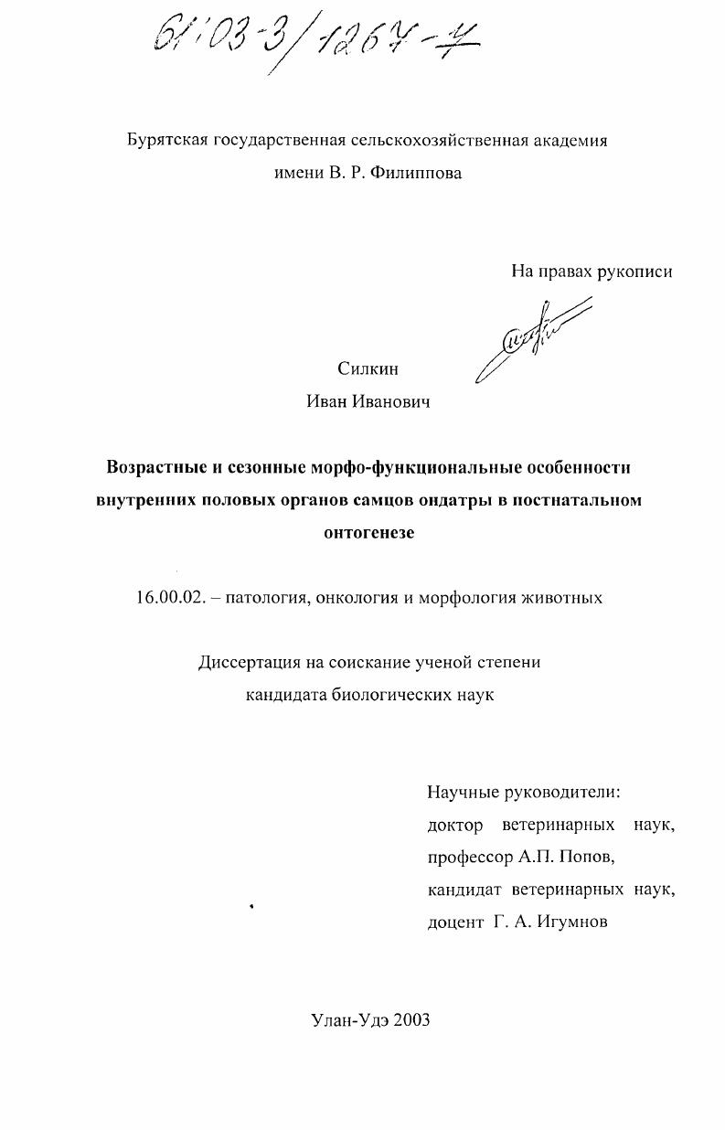 Возрастные и сезонные морфо-функциональные особенности внутренних половых органов самцов ондатры в постнатальном онтогенезе