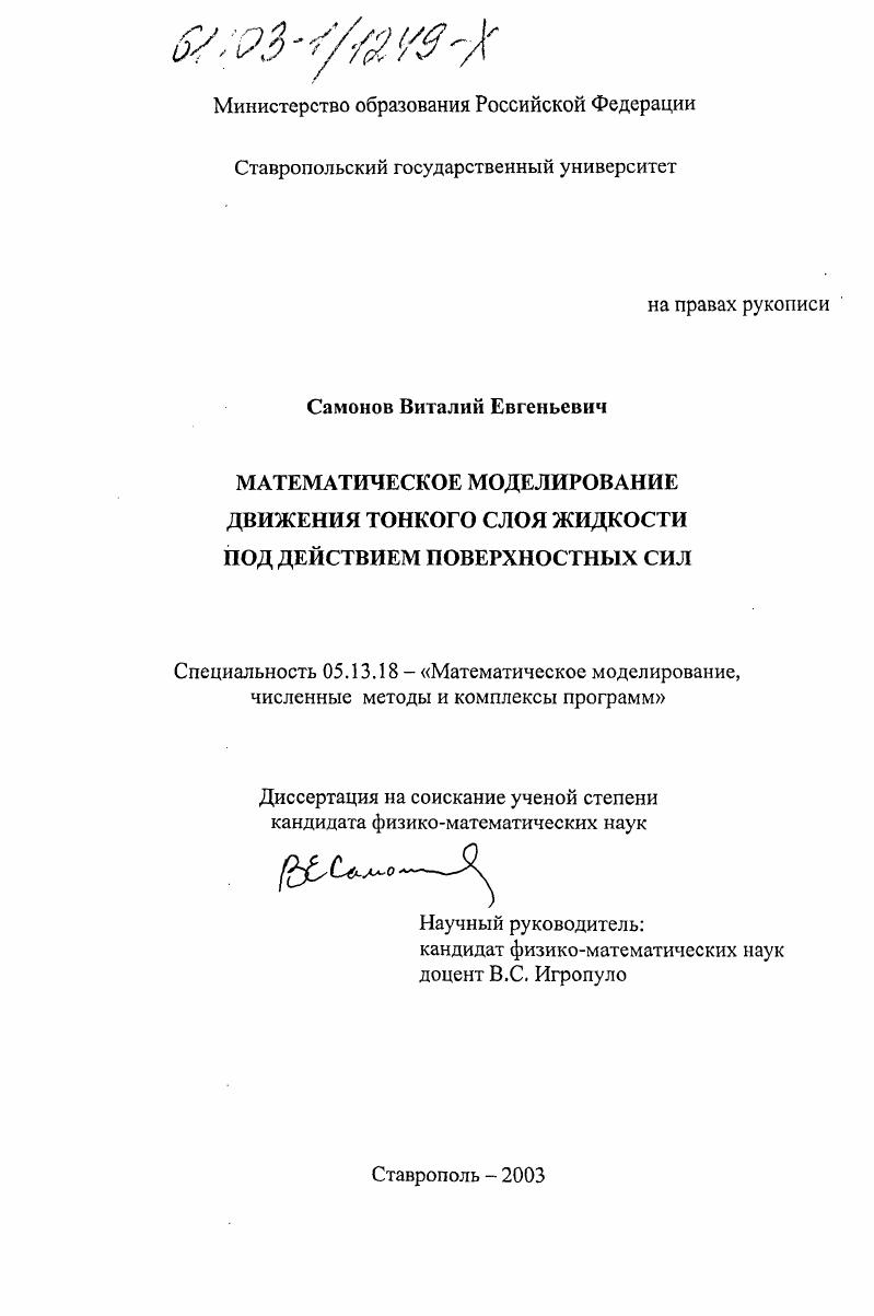 Математическое моделирование движения тонкого слоя жидкости под действием поверхностных сил