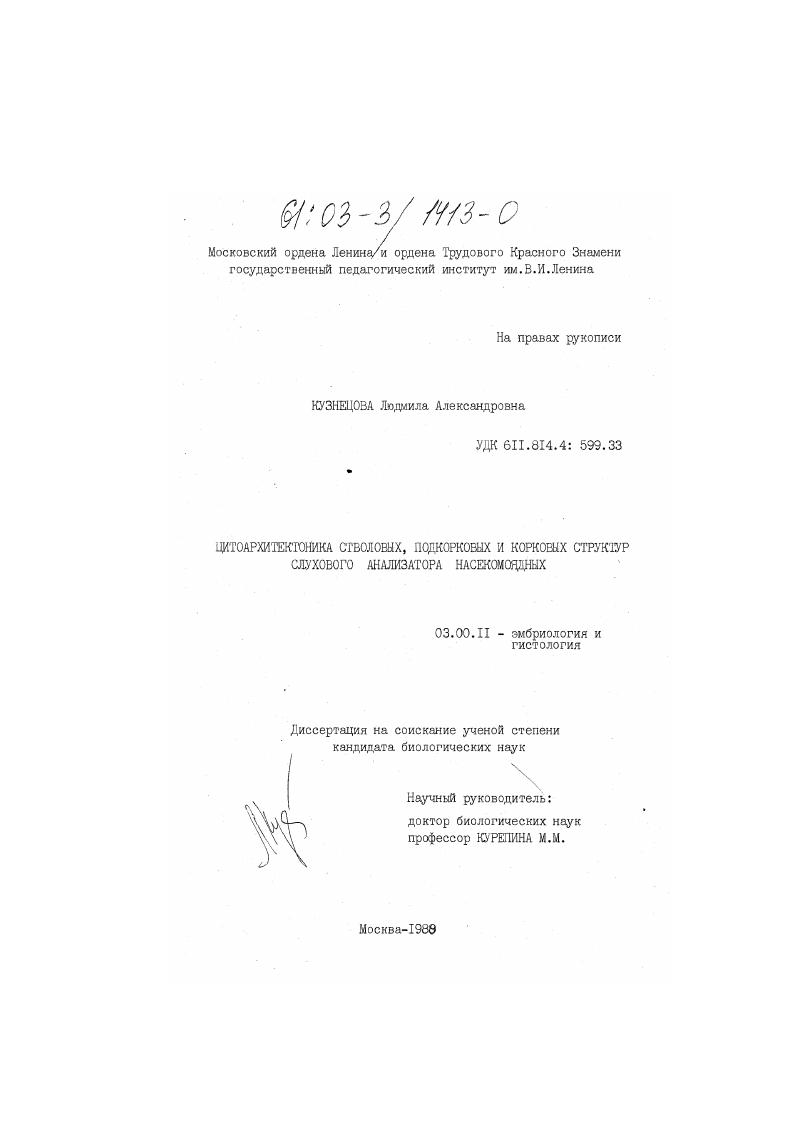 Цитоархитектоника стволовых, подкорковых и корковых структур слухового анализатора насекомоядных