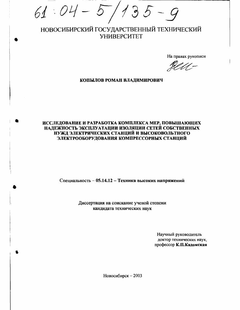 Исследование и разработка комплекса мер, повышающих надежность эксплуатации изоляции сетей собственных нужд электрических станций и высоковольтного электрооборудования компрессорных станций