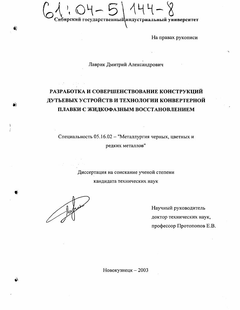 Разработка и совершенствование конструкций дутьевых устройств и технологии конвертерной плавки с жидкофазным восстановлением