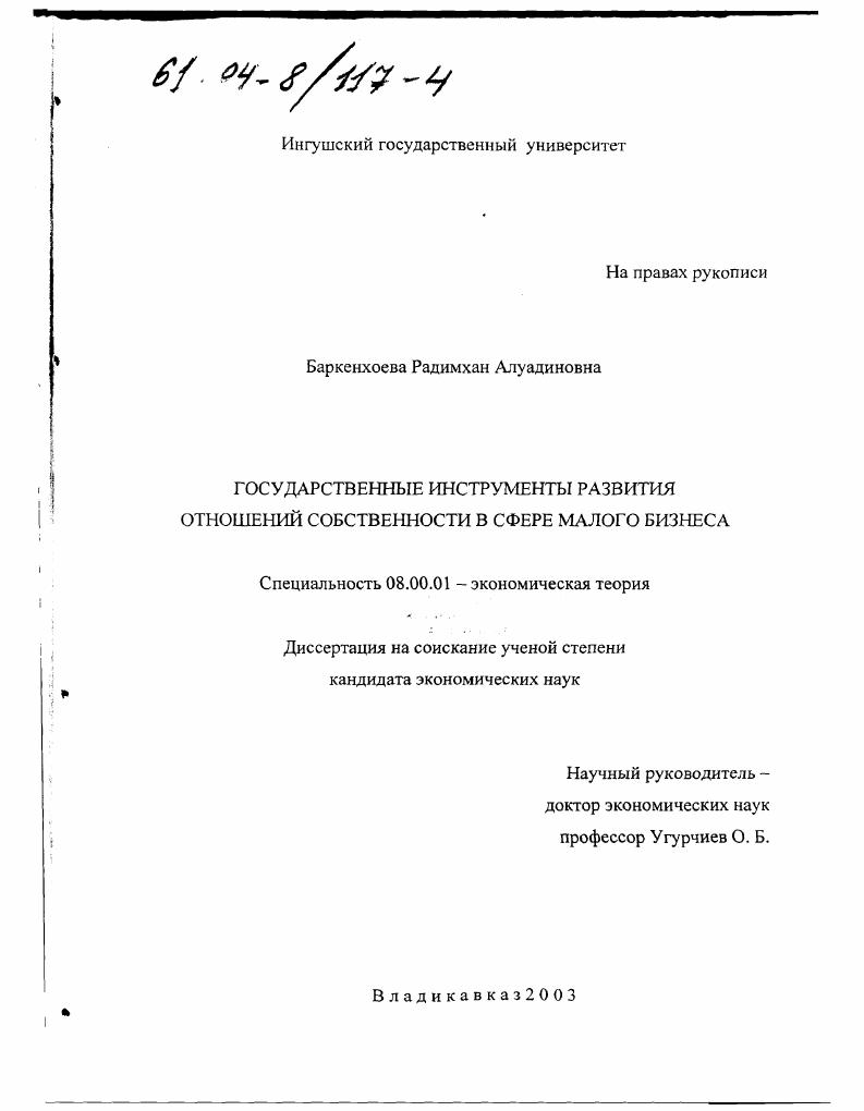 Государственные инструменты развития отношений собственности в сфере малого бизнеса