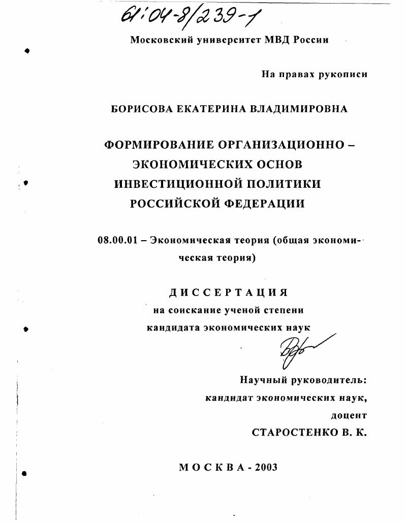 Формирование организационно-экономических основ инвестиционной политики Российской Федерации