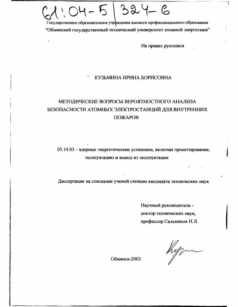 скачать диссертацию Методические вопросы вероятностного анализа безопасности атомных электростанций для внутренних пожаров Методические вопросы вероятностного анализа безопасности атомных электростанций для внутренних пожаров