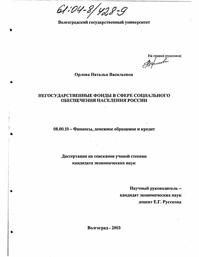 скачать диссертацию Негосударственные фонды в сфере социального обеспечения населения России Негосударственные фонды в сфере социального обеспечения населения России