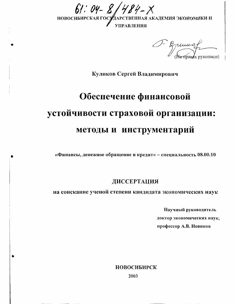 Обеспечение финансовой устойчивости страховой организации : Методы и инструментарий