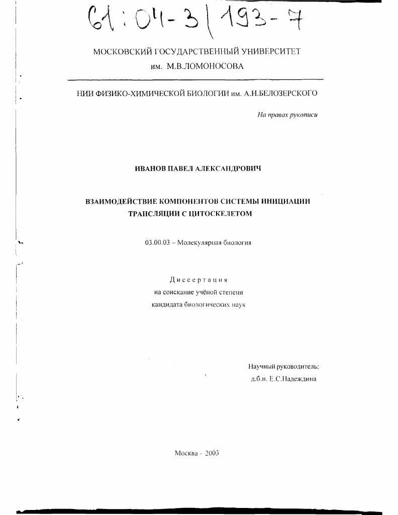 Взаимодействие компонентов системы инициации трансляции с цитоскелетом