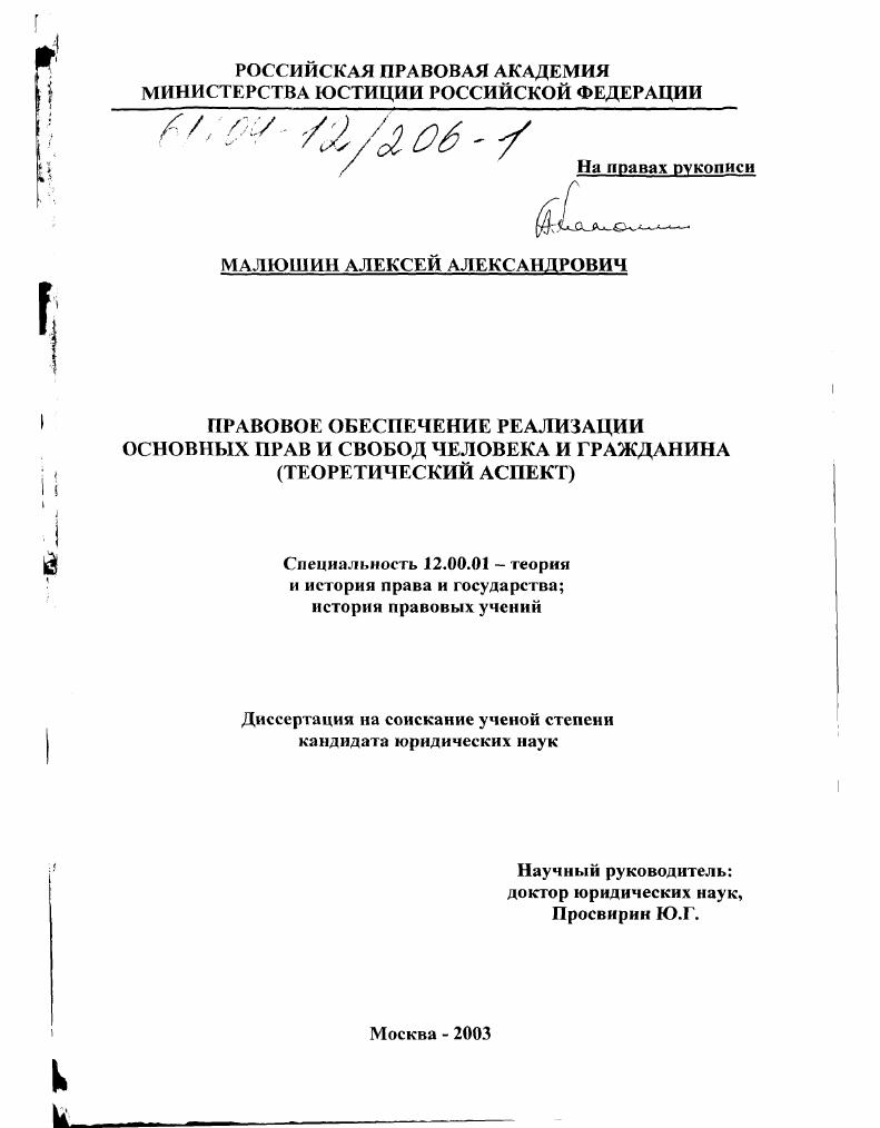 Правовое обеспечение реализации основных прав и свобод человека и гражданина : Теоретический аспект