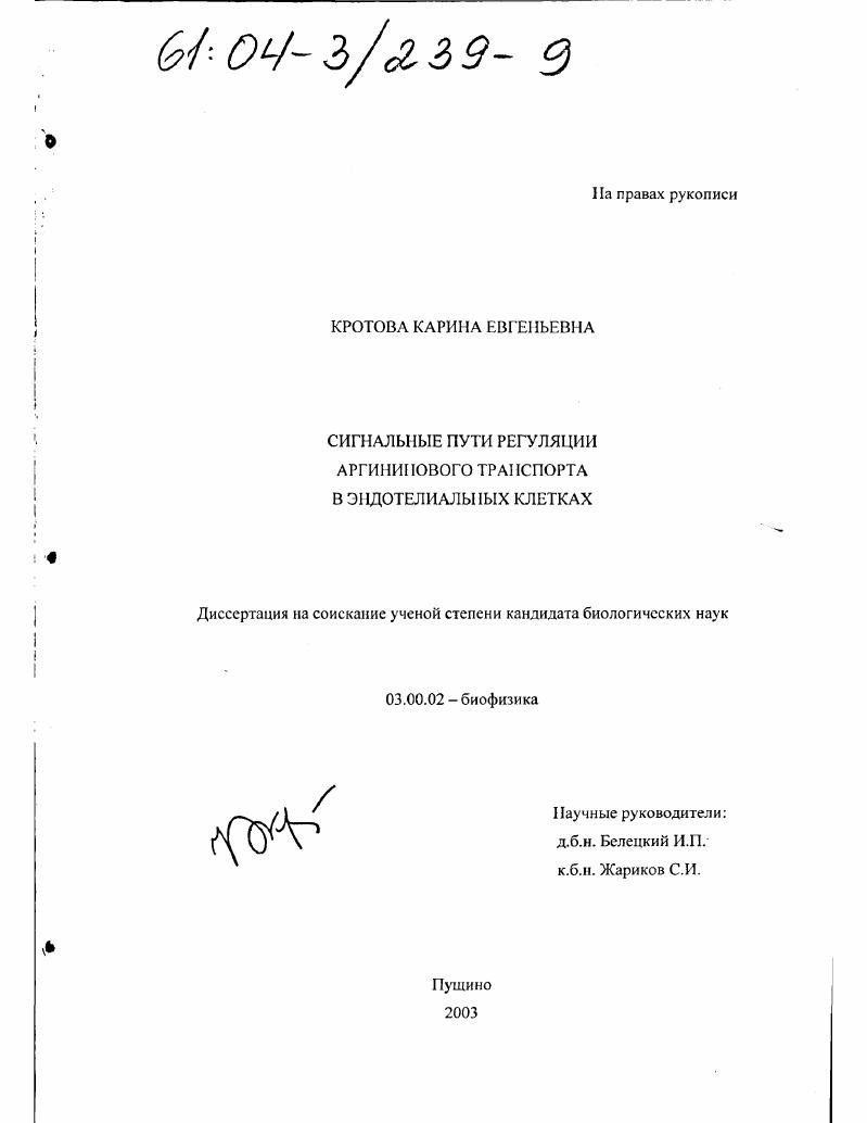 Сигнальные пути регуляции аргининового транспорта в эндотелиальных клетках