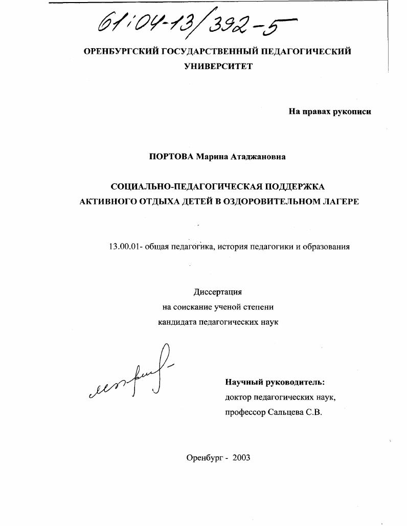 скачать диссертацию Социально-педагогическая поддержка активного отдыха детей в оздоровительном лагере Социально-педагогическая поддержка активного отдыха детей в оздоровительном лагере