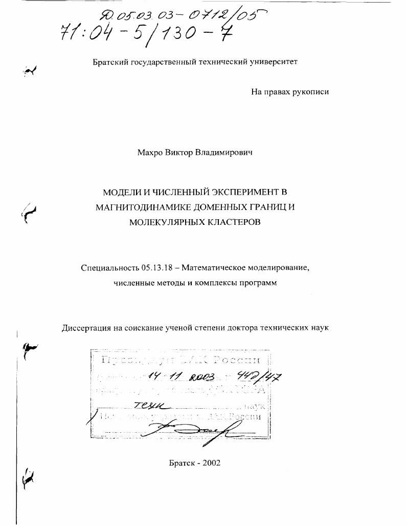 Модели и численный эксперимент в магнитодинамике доменных границ и молекулярных кластеров