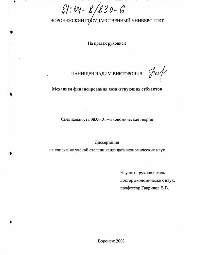 скачать диссертацию Механизм финансирования хозяйствующих субъектов Механизм финансирования хозяйствующих субъектов