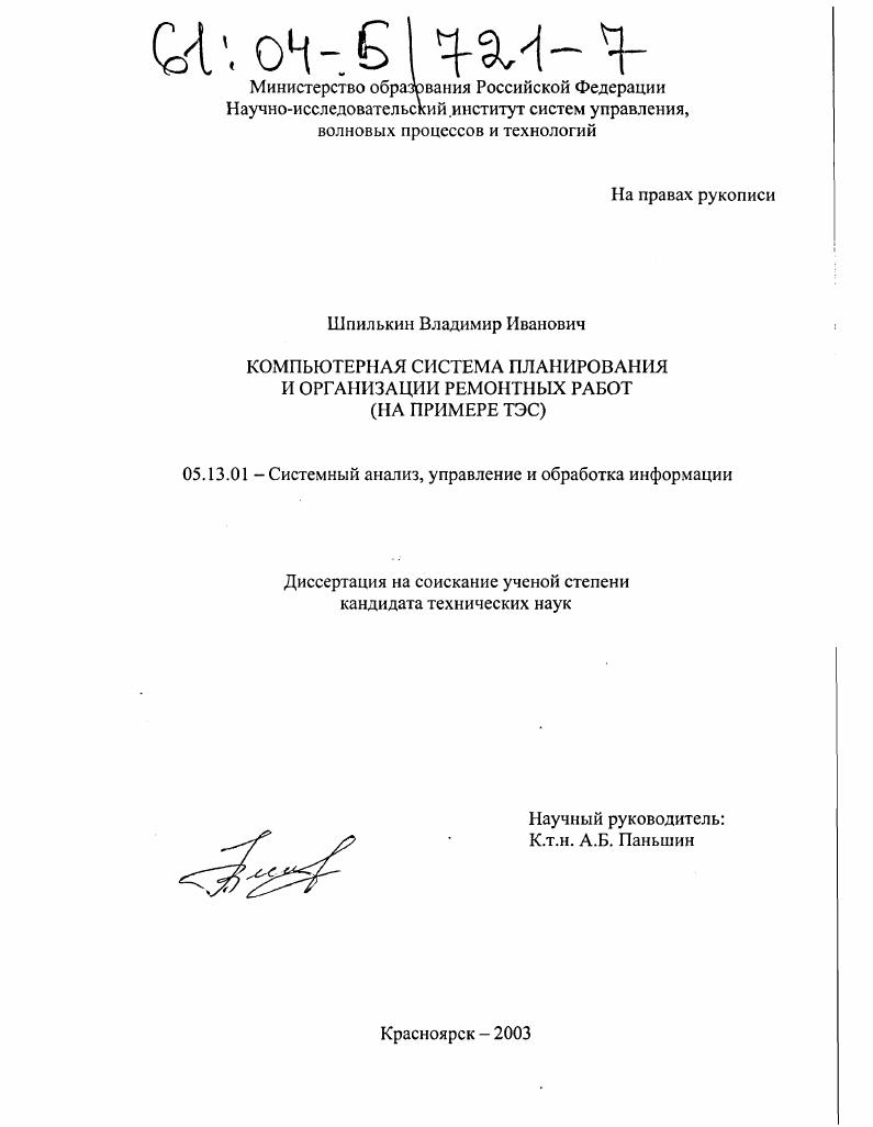 Компьютерная система планирования и организации ремонтных работ : На примере ТЭС