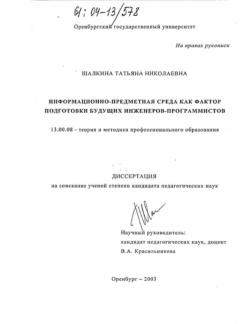Информационно-предметная среда как фактор подготовки будущих инженеров-программистов