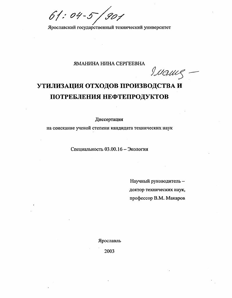 скачать диссертацию Утилизация отходов производства и потребления нефтепродуктов Утилизация отходов производства и потребления нефтепродуктов