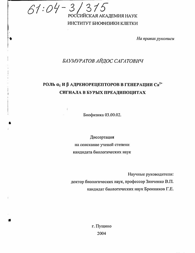 Роль α1 и β адренорецепторов в генерации Ca2+сигнала в бурых преадипоцитах