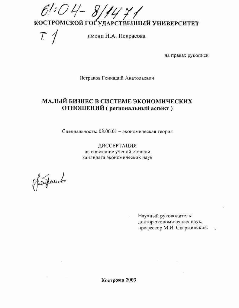 Малый бизнес в системе экономических отношений : Региональный аспект