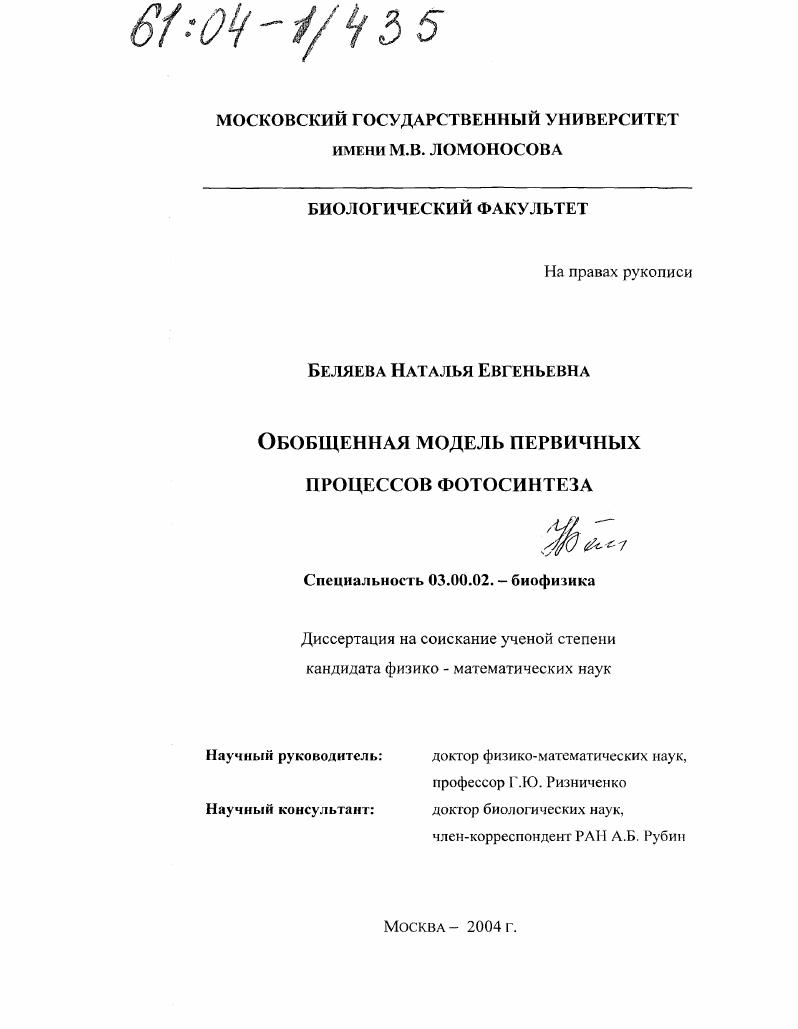 Обобщенная модель первичных процессов фотосинтеза