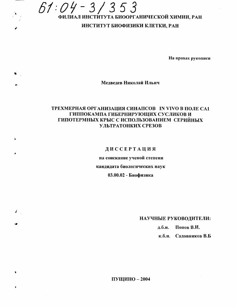Трехмерная организация синапсов IN VIVO в поле CA1 гиппокампа гибернирующих сусликов и гипотермных крыс с использованием серийных ультратонких срезов