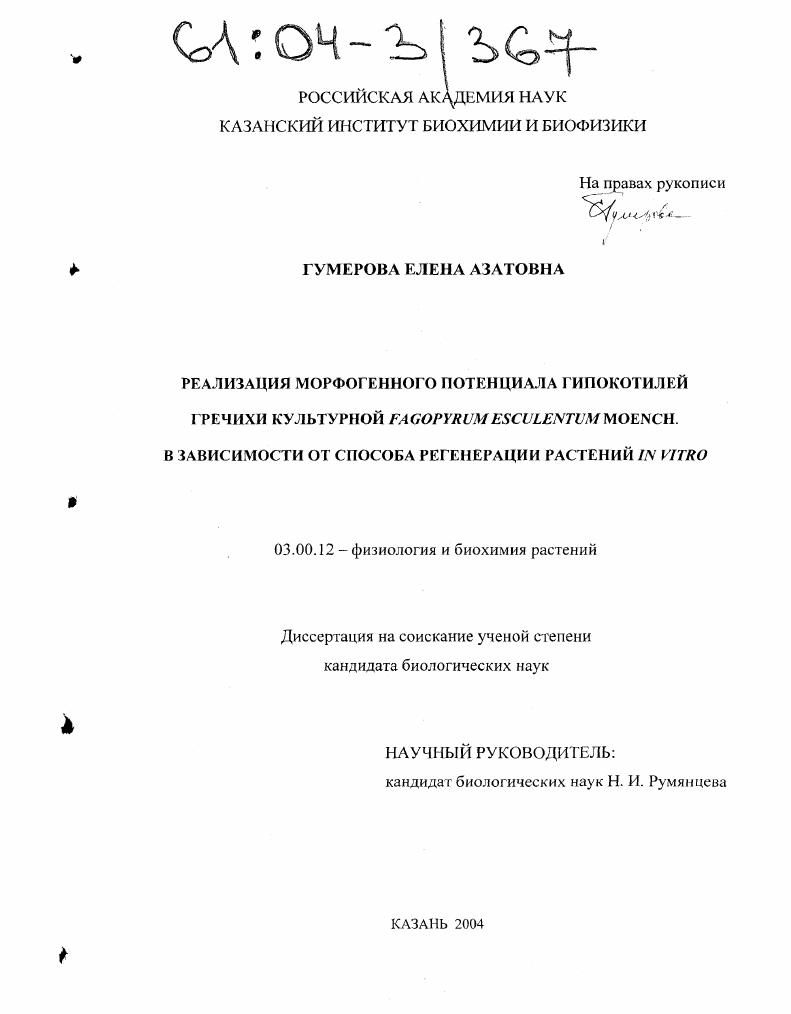 скачать диссертацию Реализация морфогенного потенциала гипокотилей гречихи культурной Fagopyrum Esculentum Moench. в зависимости от способа регенерации растений IN VITRO Реализация морфогенного потенциала гипокотилей гречихи культурной Fagopyrum Esculentum Moench. в зависимости от способа регенерации растений IN VITRO