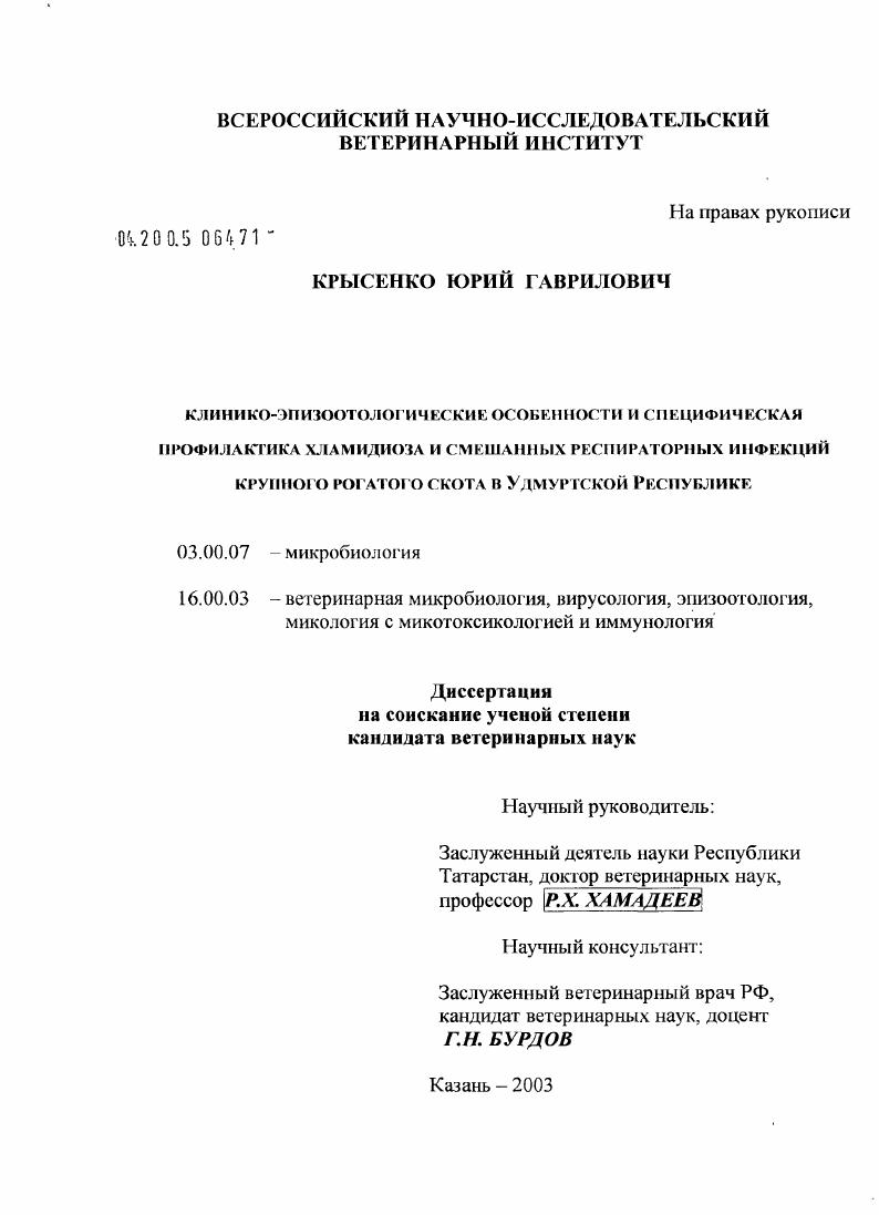 скачать диссертацию Клинико-эпизоотологические особенности и специфическая профилактика хламидиоза и смешанных респираторных инфекций крупного рогатого скота в Удмуртской Республике Клинико-эпизоотологические особенности и специфическая профилактика хламидиоза и смешанных респираторных инфекций крупного рогатого скота в Удмуртской Республике