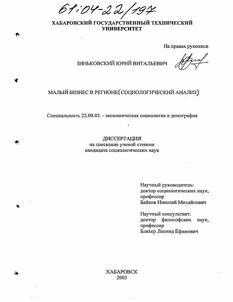 Малый бизнес в регионе : Социологический анализ