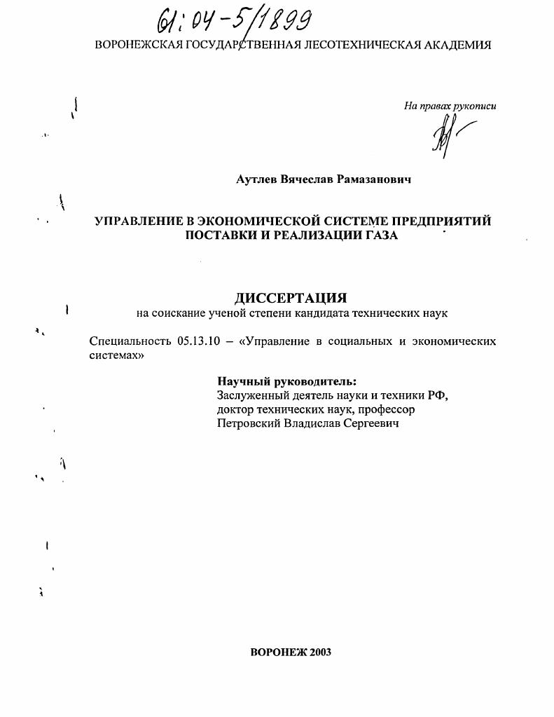 Управление в экономической системе предприятий поставки и реализации газа