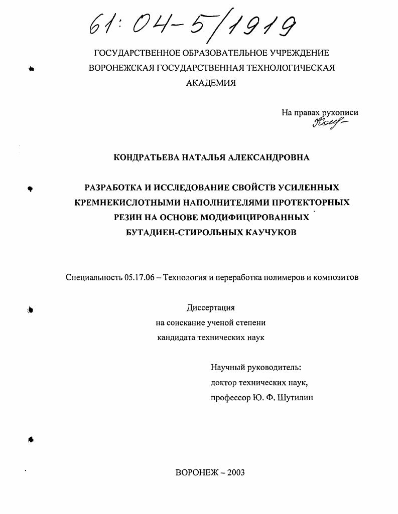 Разработка и исследование свойств усиленных кремнекислотными наполнителями протекторных резин на основе модифицированных бутадиен-стирольных каучуков
