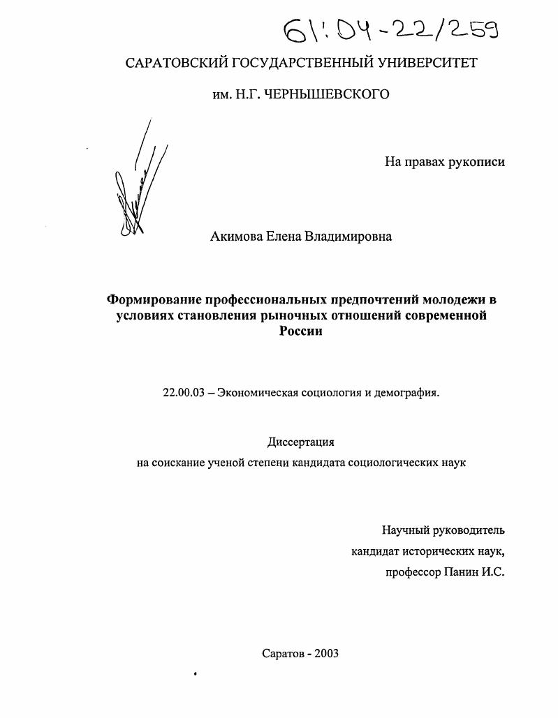 Формирование профессиональных предпочтений молодежи в условиях становления рыночных отношений современной России