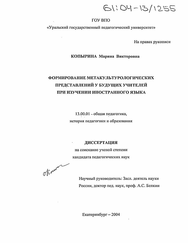скачать диссертацию Формирование метакультурологических представлений у будущих учителей при изучении иностранного языка Формирование метакультурологических представлений у будущих учителей при изучении иностранного языка