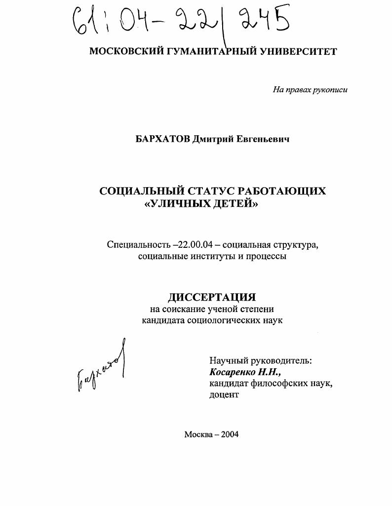 Социальный статус работающих "уличных детей"