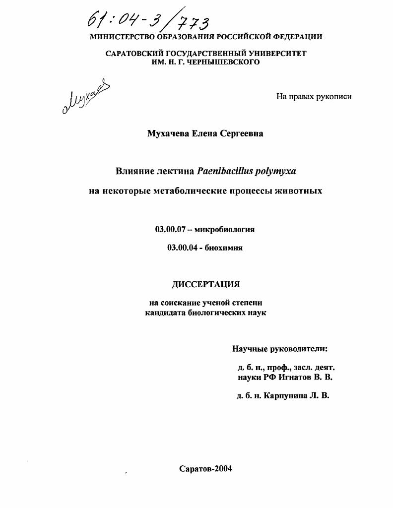 Влияние лектина Paenibacillus polymyxa на некоторые метаболические процессы животных