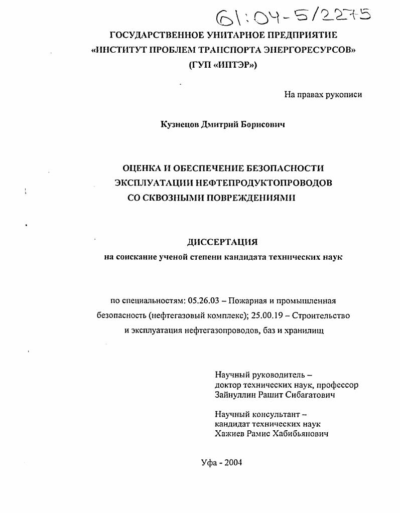 Оценка и обеспечение безопасности эксплуатации нефтепродуктопроводов со сквозными повреждениями