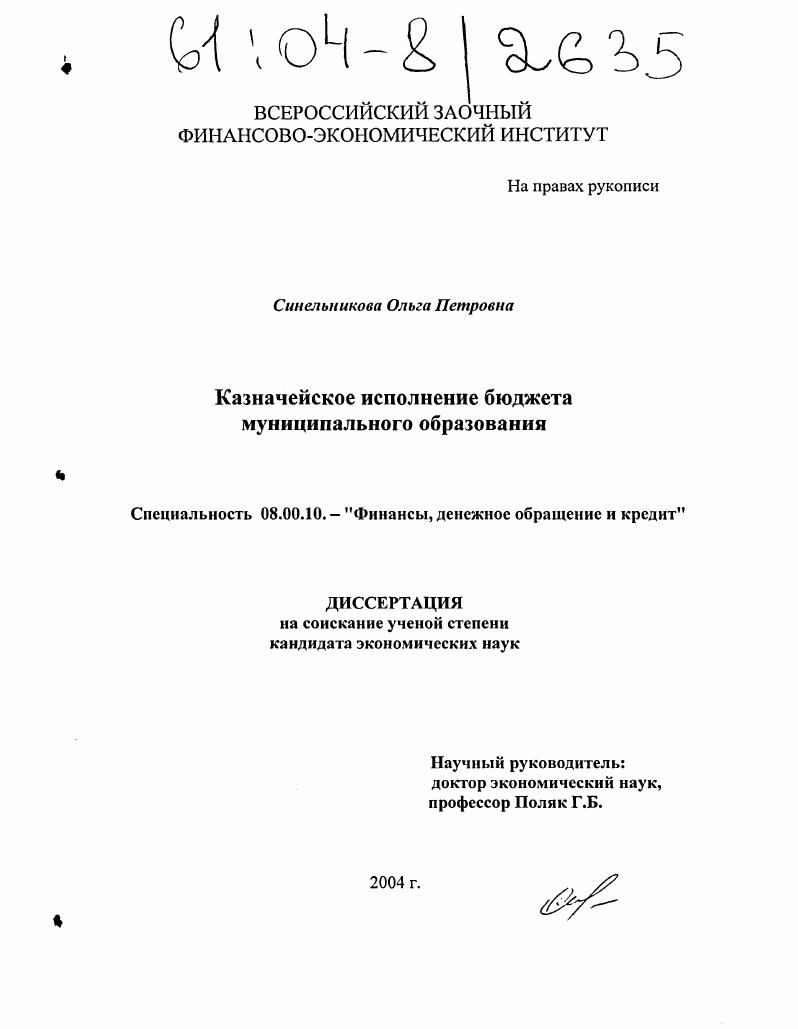Казначейское исполнение бюджета муниципального образования