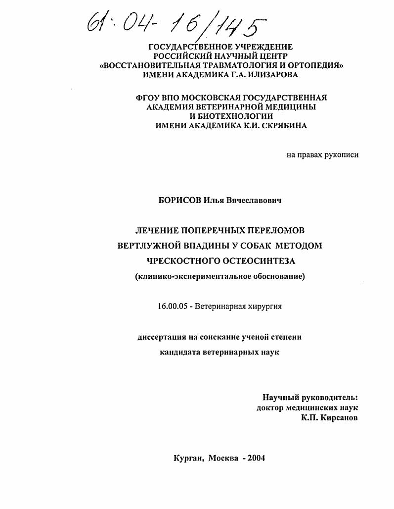 Лечение поперечных переломов вертлужной впадины у собак методом чрескостного остеосинтеза : Клинико-экспериментальное обоснование
