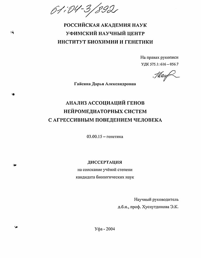 Анализ ассоциаций генов нейромедиаторных систем с агрессивным поведением человека