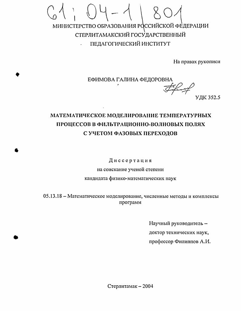 скачать диссертацию Математическое моделирование температурных процессов в фильтрационно-волновых полях с учетом фазовых переходов Математическое моделирование температурных процессов в фильтрационно-волновых полях с учетом фазовых переходов