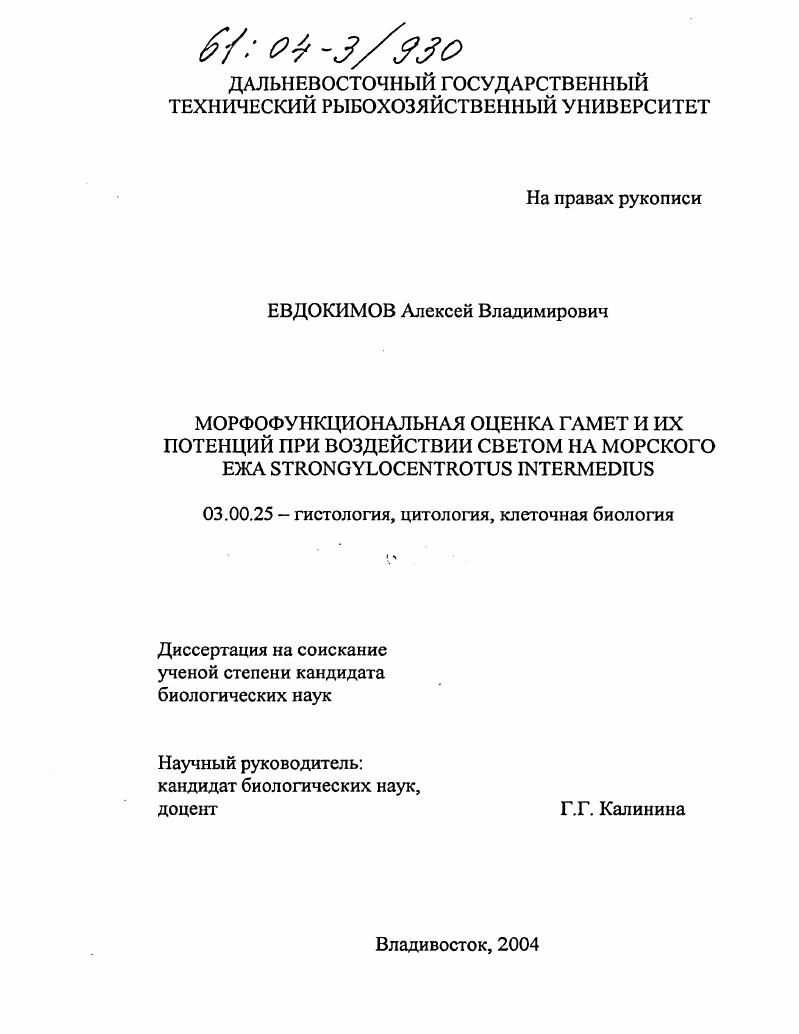 скачать диссертацию Морфофункциональная оценка гамет и их потенций при воздействии светом на морского ежа Strongylocentrotus Intermedius Морфофункциональная оценка гамет и их потенций при воздействии светом на морского ежа Strongylocentrotus Intermedius