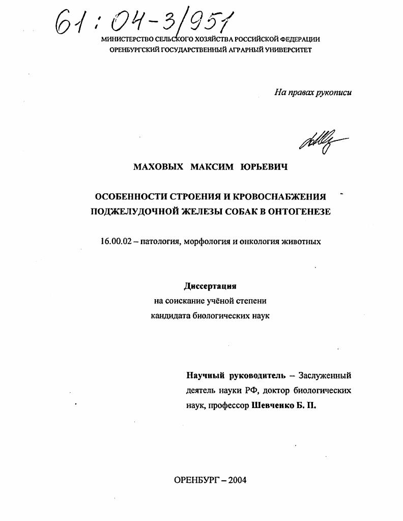 Особенности строения и кровоснабжения поджелудочной железы собак в онтогенезе