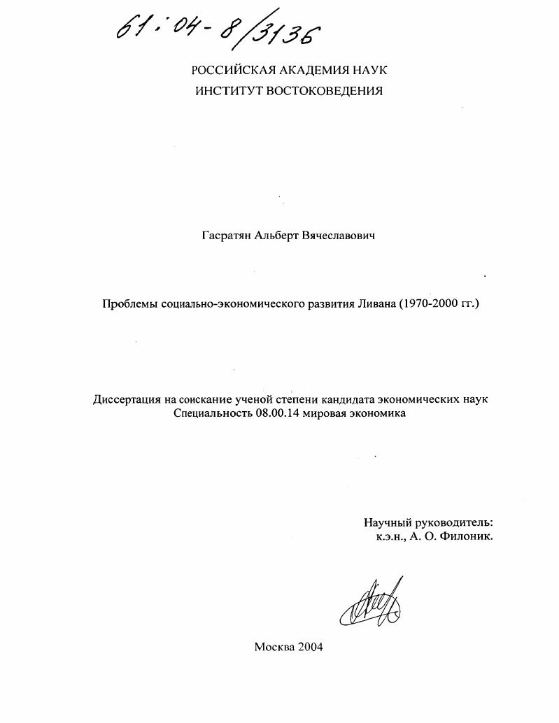 Проблемы социально-экономического развития Ливана : 1970-2000 гг.