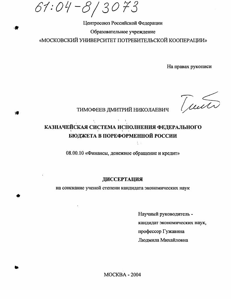 Казначейская система исполнения федерального бюджета в пореформенной России